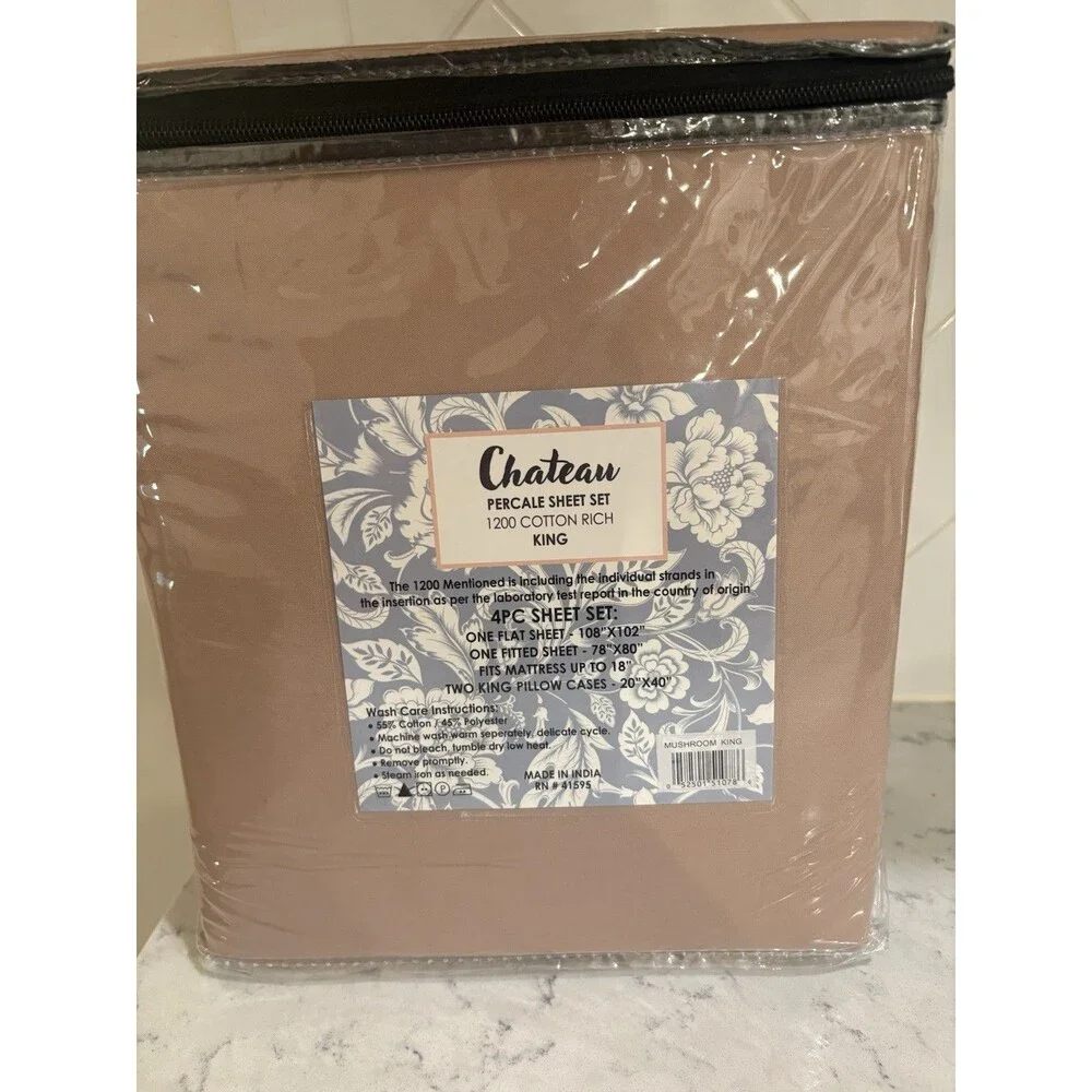 Chateau Percale Sheet Set King Size 1200 Cotton Rich 4 Piece Mushroom Brown
